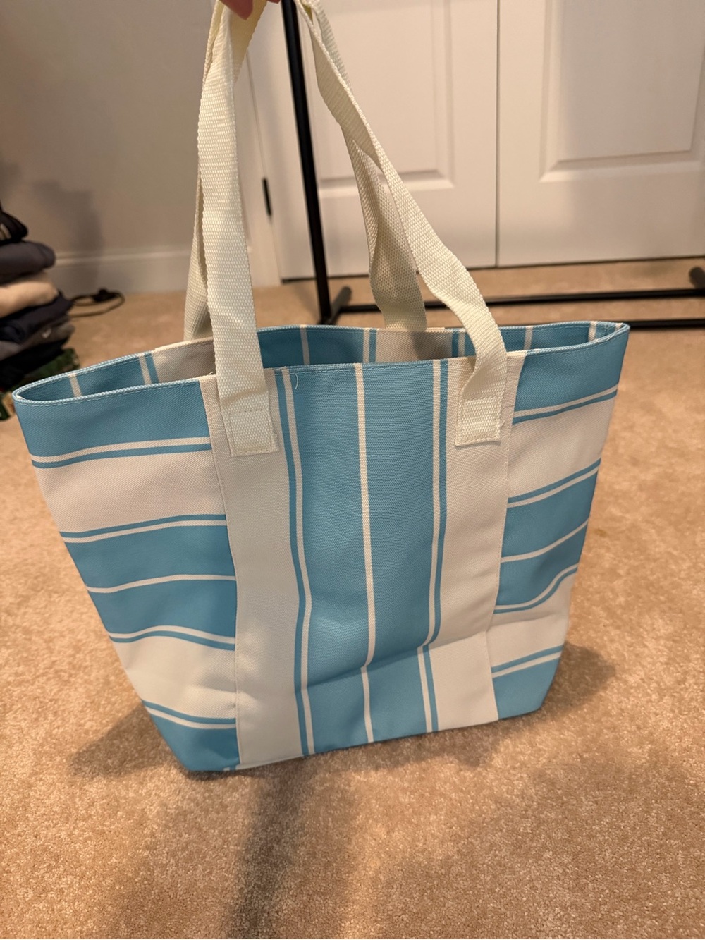 Pureology Light Blue and White Striped Tote with Purple Lining - Picture 3 of 7
